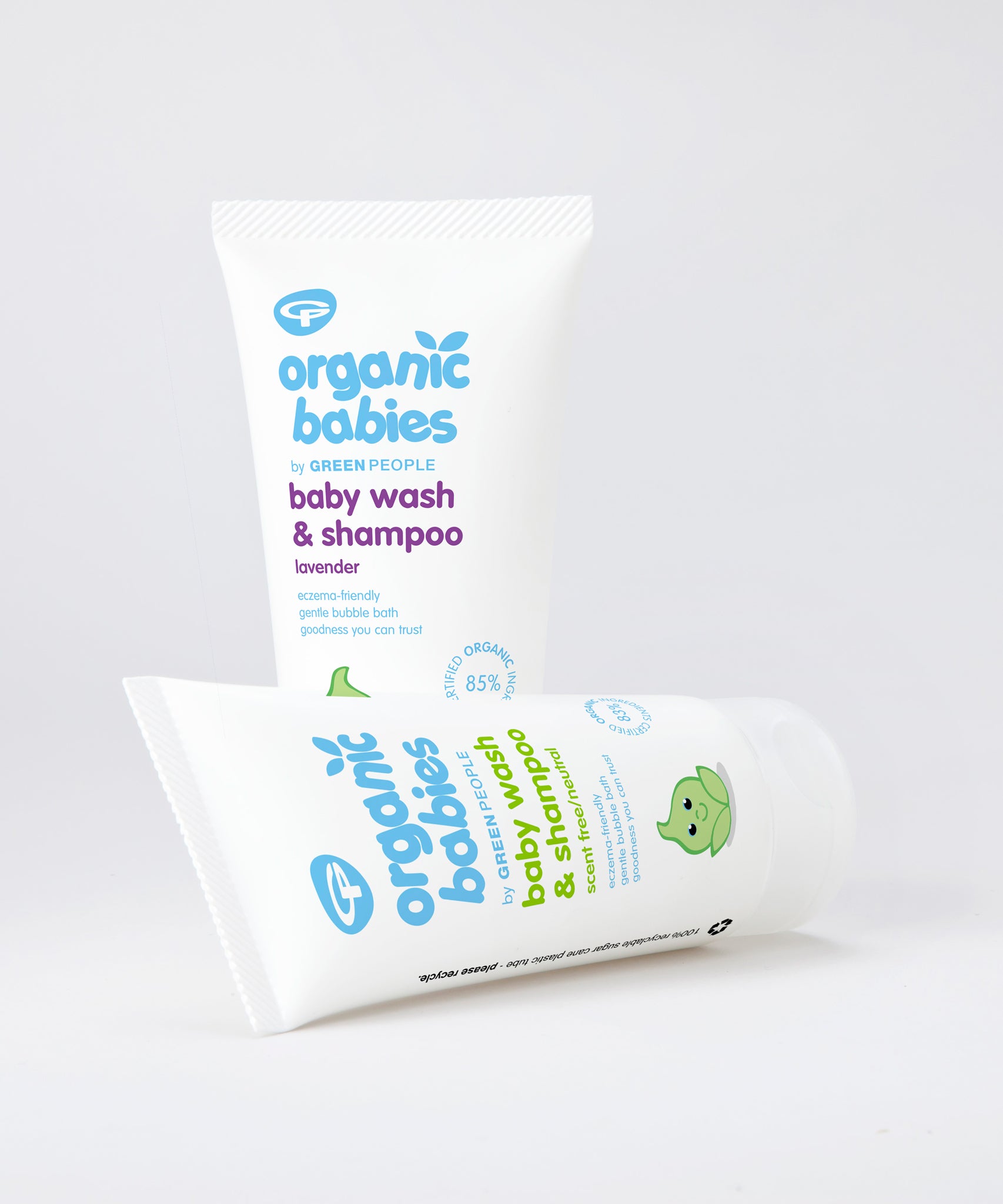 A tube of Green People Organic Babies unscented and lavender Baby Wash & Shampoo in 150ml tubes.