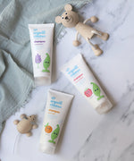 Three tubes of Organic Children shampoo in 3 different scents,  lavender burst, berry smoothie and citrus crush.