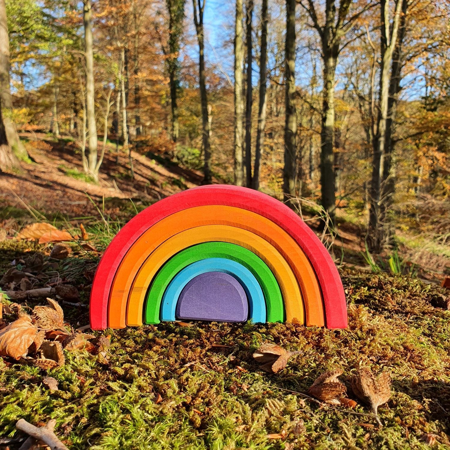 Grimm's Wooden Rainbow Medium and Mini on a grey background with Elements and Small Elements