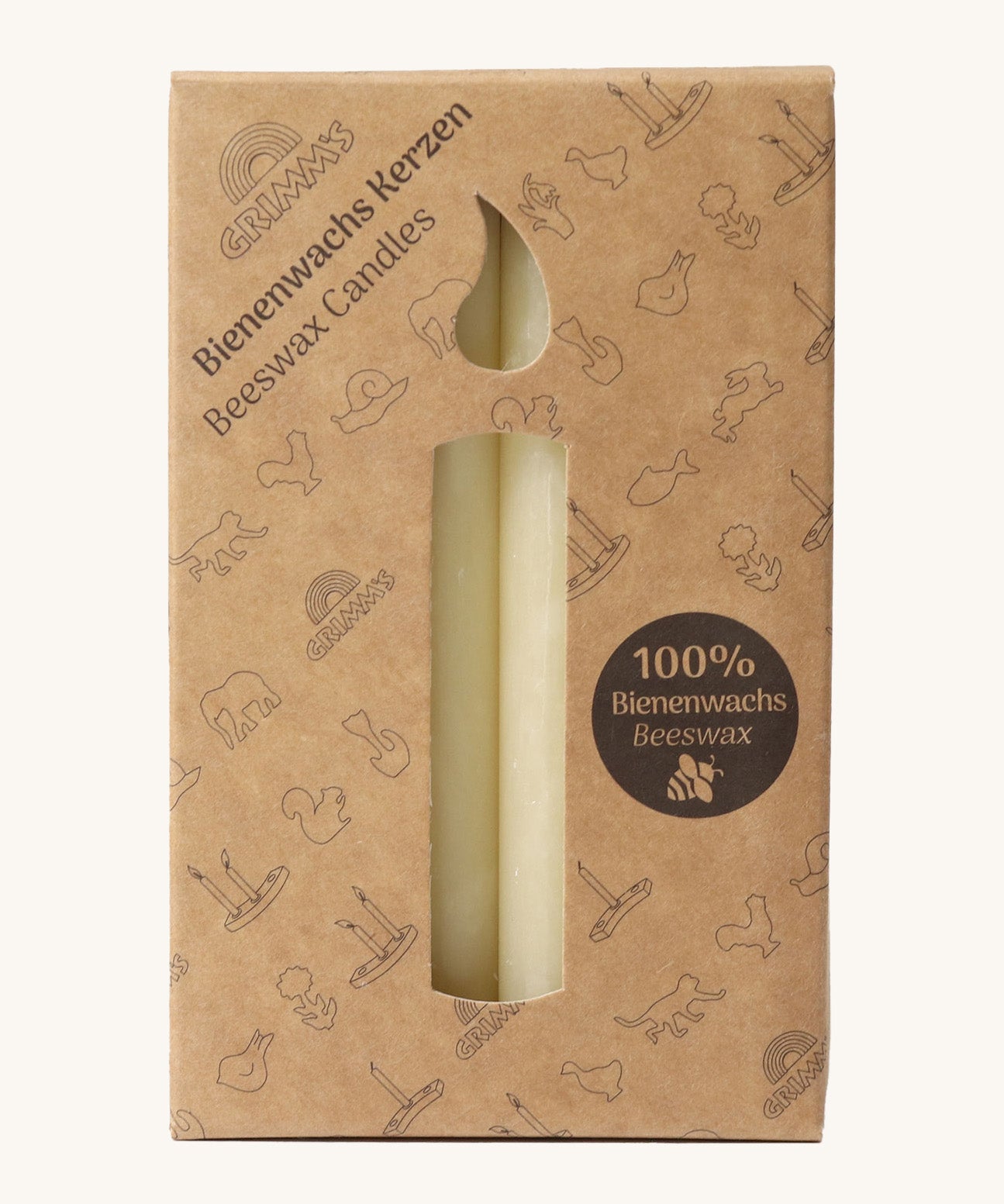 Grimms 100% beeswax candles in cream . Comes in a decorative cardboard packaging with a candle cutout in the middle