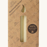Grimms 100% beeswax candles in cream . Comes in a decorative cardboard packaging with a candle cutout in the middle