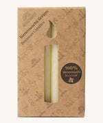 Grimms 100% beeswax candles in cream . Comes in a decorative cardboard packaging with a candle cutout in the middle