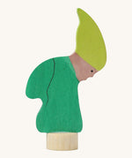 A Grimms wooden dwarf decorative figure in green. Features a little base to slot in the celebration ring