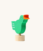 Grimm's green coloured Singing Bird Decorative Figure. These Waldorf inspired decorative figures are part of a wide range of wooden decorations for celebration rings available here at Babipur.