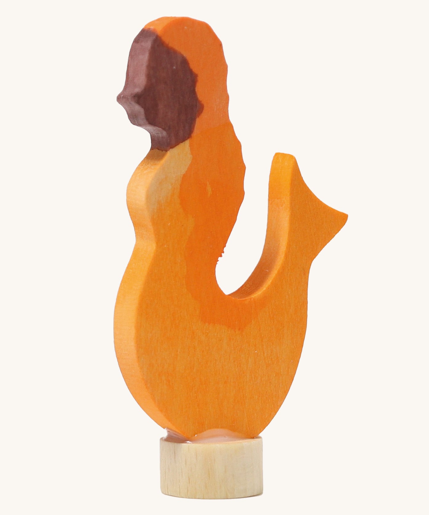 A Grimms wooden mermaid decorative figure in orange. Features a small base stand to slot in the celebration ring