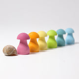 Grimm's Pastel Mushrooms Sorting Game shown all lined up next to a snail shell.