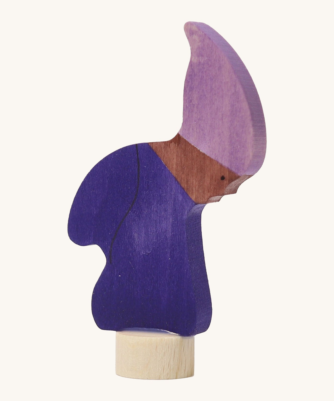 A Grimms wooden gnome decorative figure in purple. Features a small base stand to slot in the celebration ring