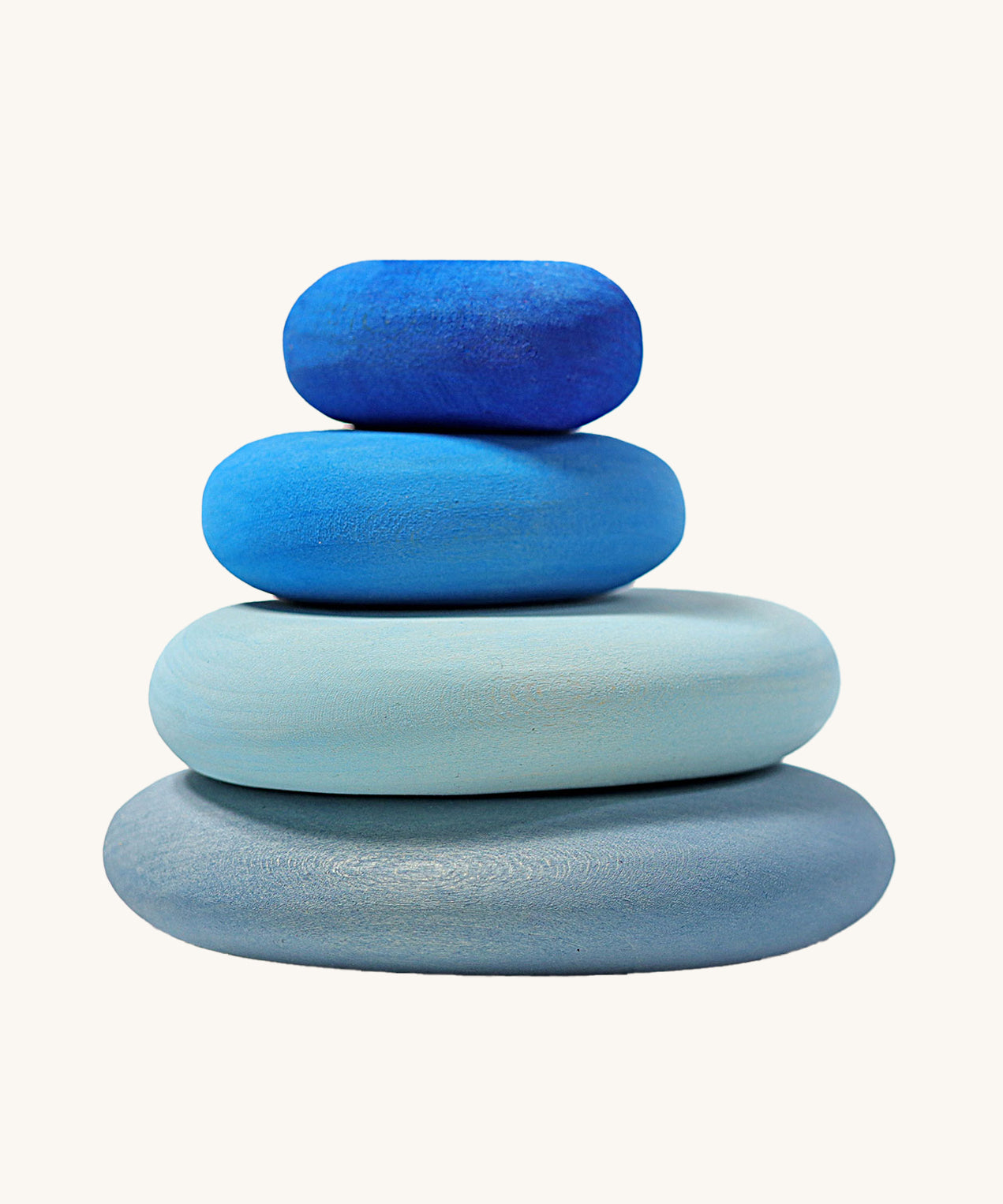 A set of 4 Grimm's wooden pebbles in a blue river colourway.