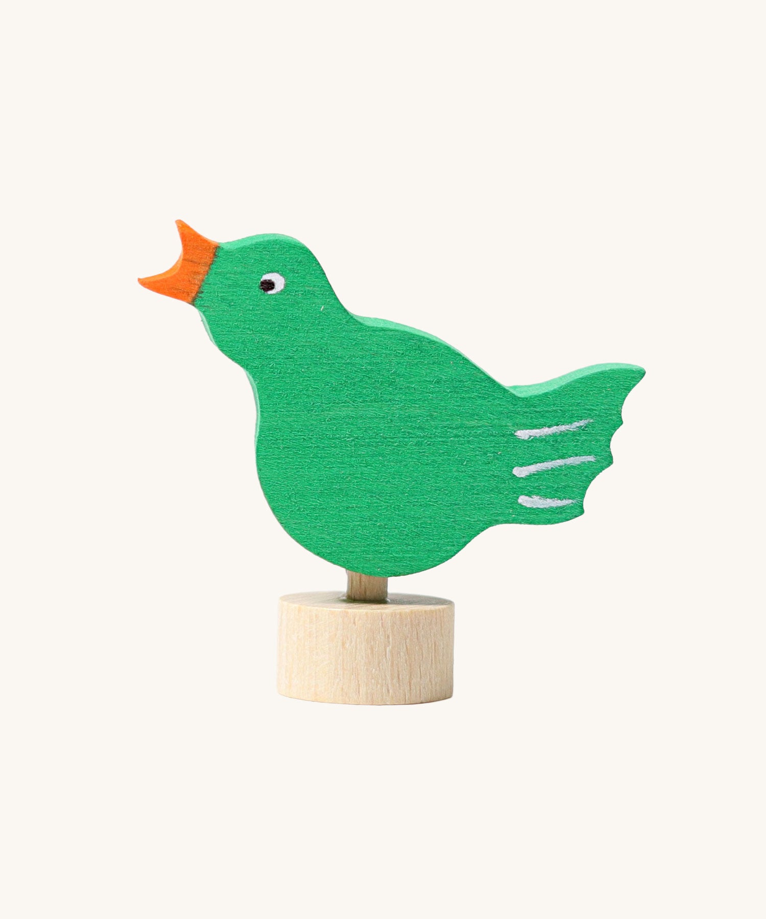 Grimm's green coloured Singing Bird Decorative Figure. These Waldorf inspired decorative figures are part of a wide range of wooden decorations for celebration rings available here at Babipur.