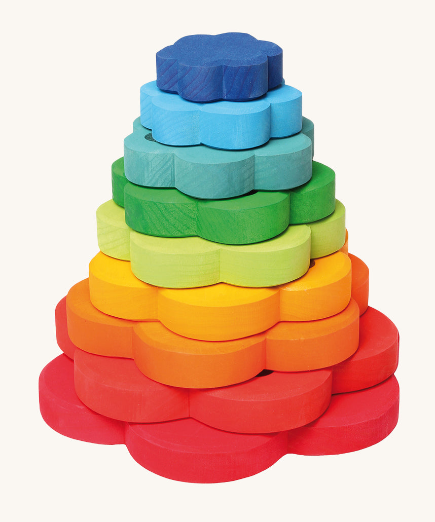 Grimm's Stacking rainbow Flowers Tower on a plain background.