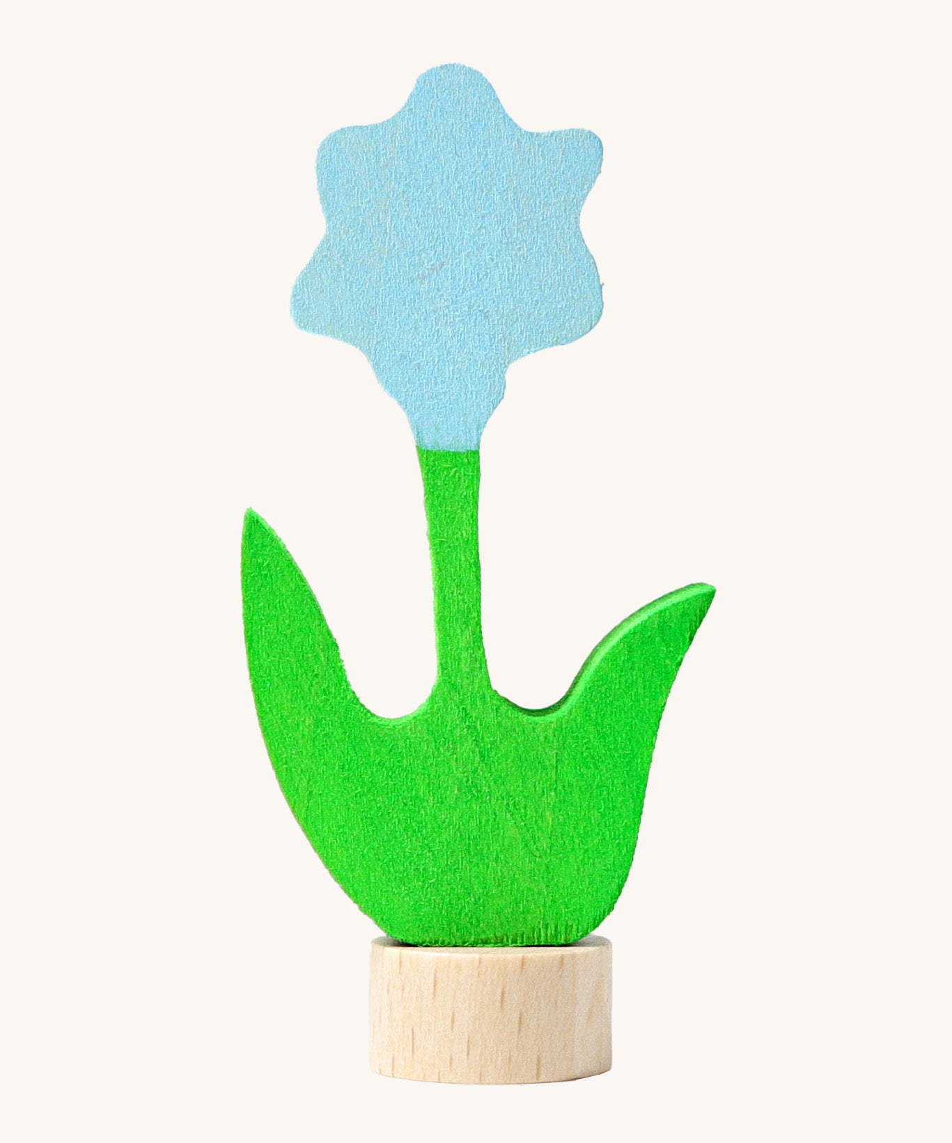 Grimms wooden blue flower decorative figure with green stem and leaves. Features a small base stand on the bottom to slot in the celebration ring
