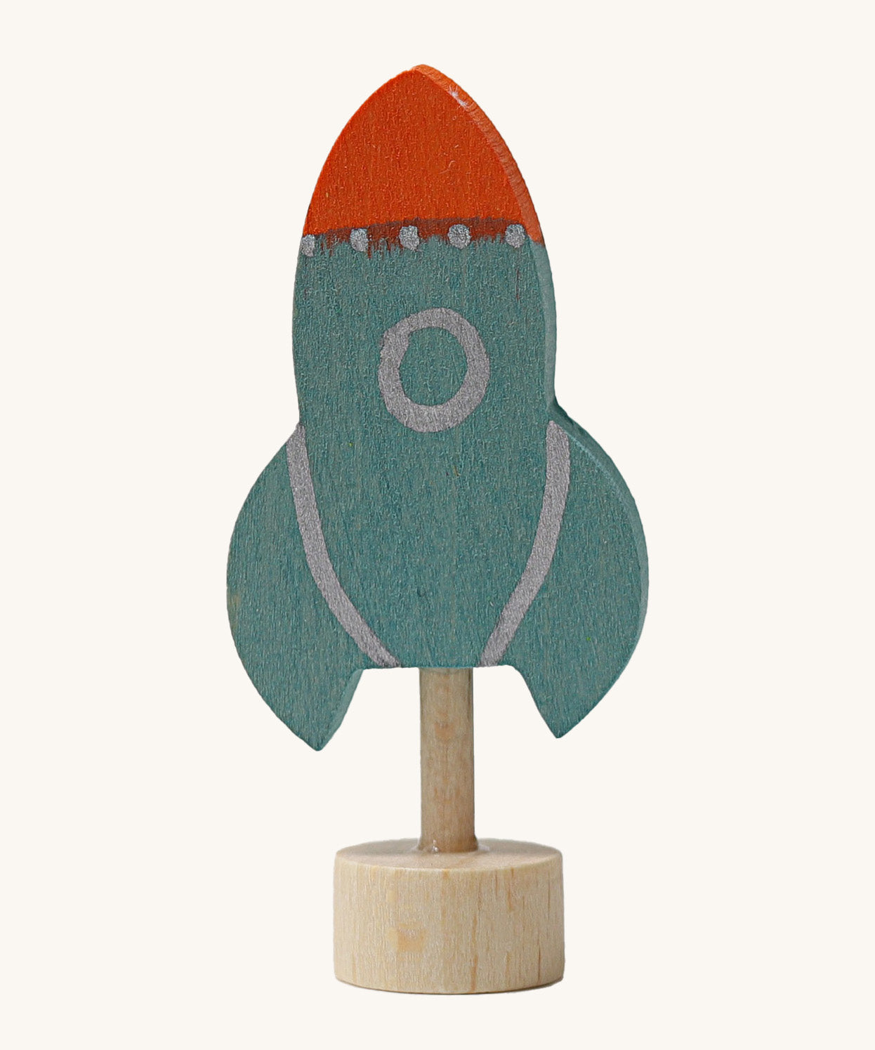 A Grimms blue wooden decorative figure with a red nose. Features a little base stand to slot into a decorative ring