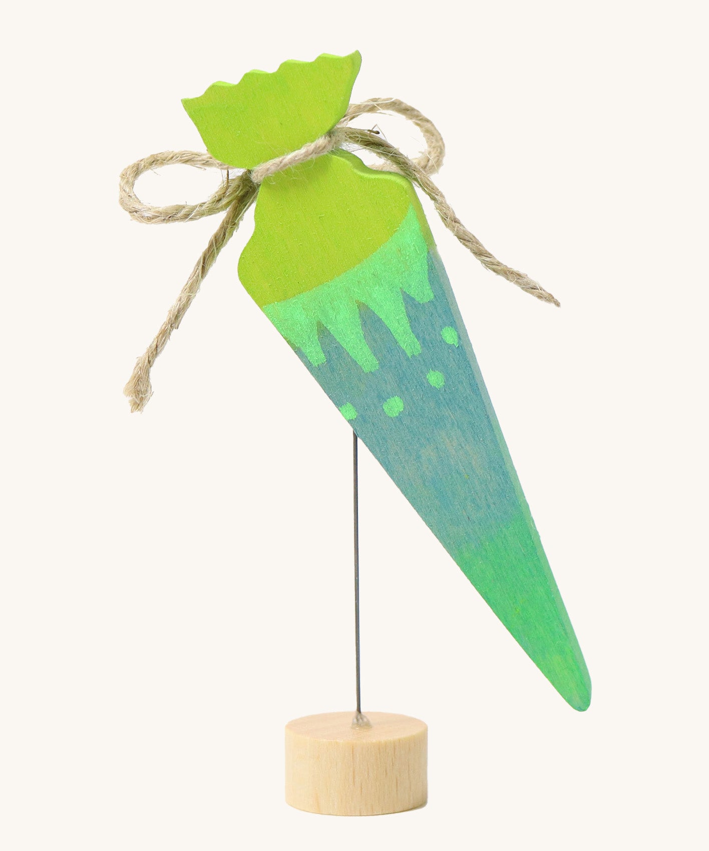Grimms wooden neon green sweet cone decorative figure. Features a twine ribbon and standing on a metal wire and small base stand to slot in a celebration ring