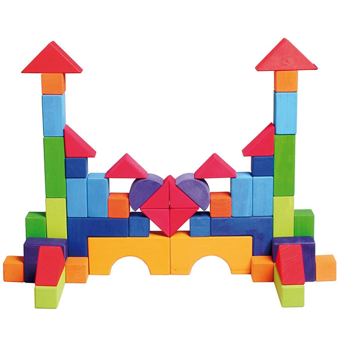 Blocks for the  Grimm's Basic Building Set 2 used to create a building.