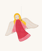The Holztiger hand made wooden guardian angel hanging Christmas decoration, in a hand-painted pink gown.