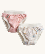 A pack of two Imse Vimse Pink and Teddy design reusable Training Pants for toddlers weighing from 16-20 kg available at Babipur. Two comfortable Cotton reusable training pants. The one on the left is pink with white scribbled sports, and the one on the right is white with colourful rabbits, bears, dogs, rainbows, clouds.
