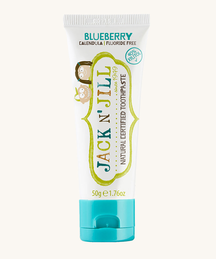 A 50g tube of Jack N' Jill blueberry flavoured fluoride free kid's toothpaste.