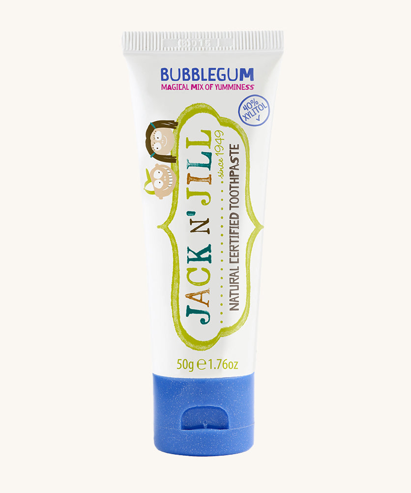 A 50g tube of Jack N' Jill bubblegum flavoured fluoride free kid's toothpaste.