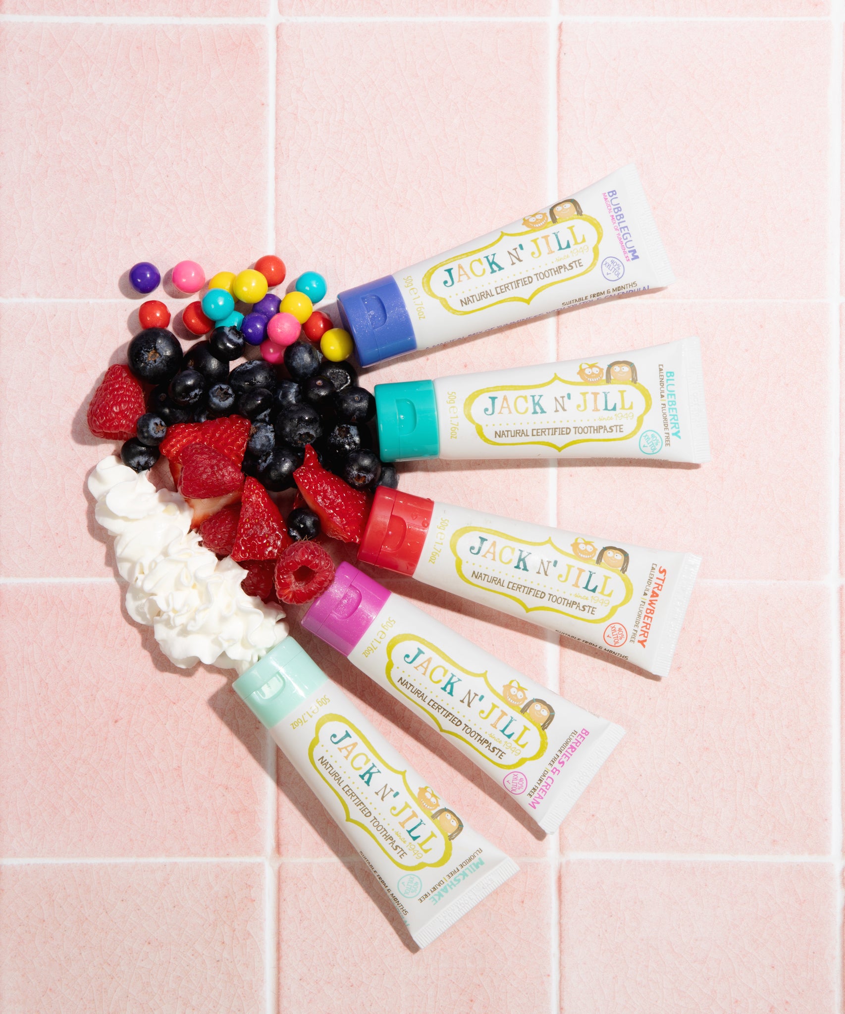 5 50g tubes of Jack N' Jill flavoured fluoride free kid's toothpaste.  Bubblegum, blueberry, strawberry, berries and cream and milkshake.