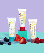 50g tubes of Jack N' Jill blueberry, strawberry and raspberry flavoured fluoride free kid's toothpaste.