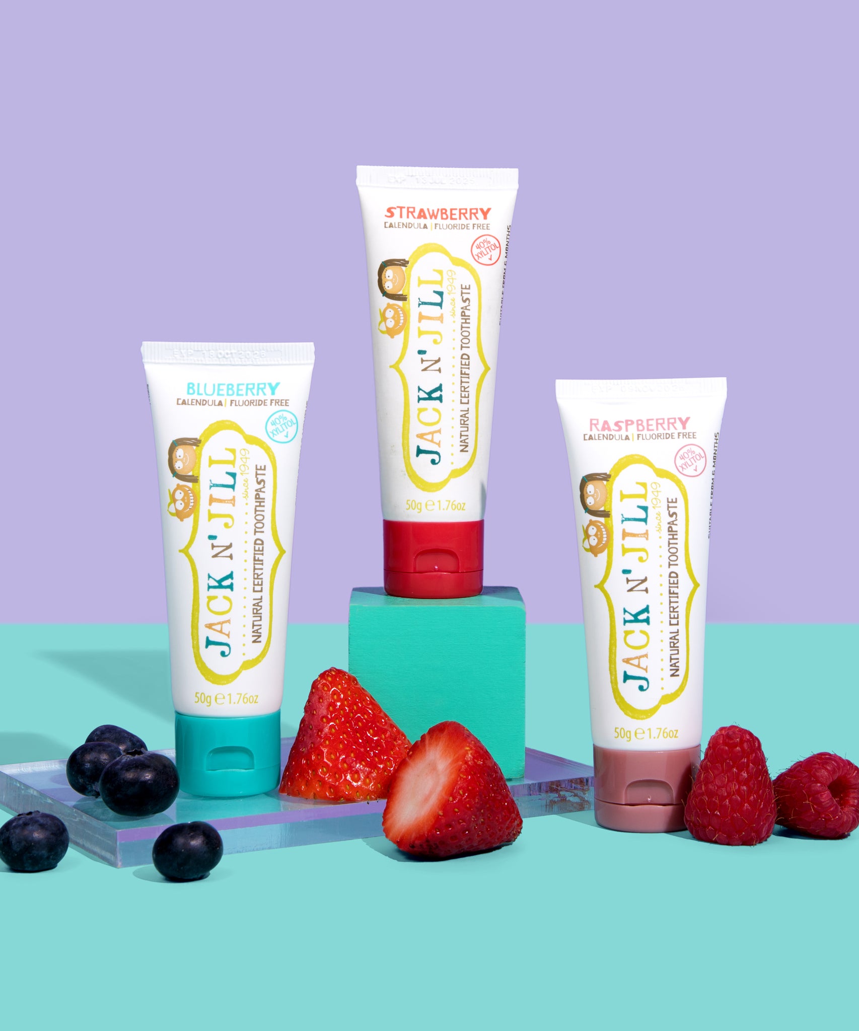 50g tubes of Jack N' Jill blueberry, strawberry and raspberry flavoured fluoride free kid's toothpaste.