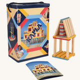KAPLA Wooden Building Blocks 200 Box in Summer colours. A stack can be seen next to the box along with a booklet.