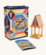 KAPLA Wooden Building Blocks 200 Box in Summer colours. A stack can be seen next to the box along with a booklet.