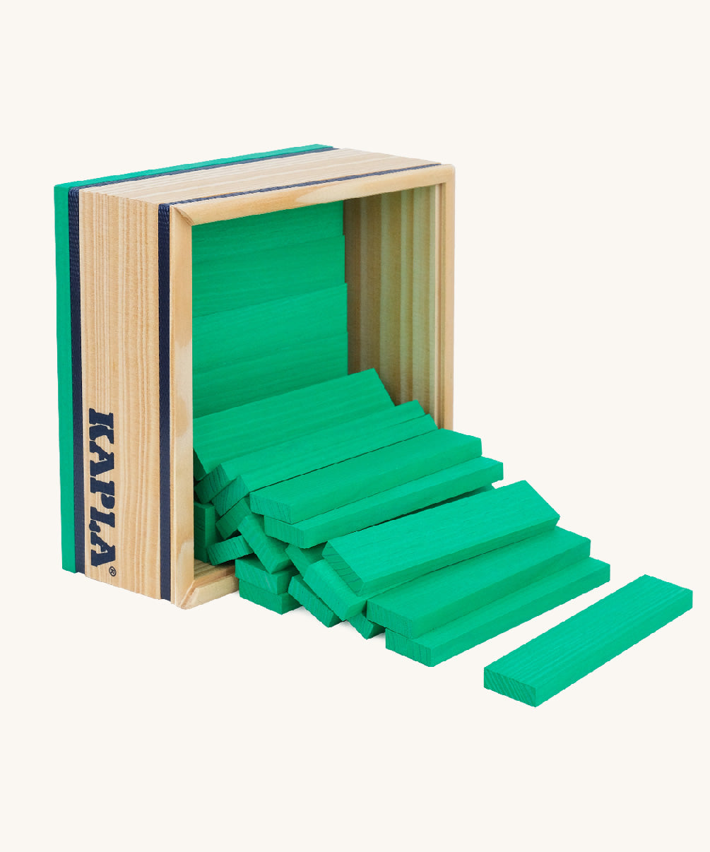 The Kapla 40 Square wooden engineering blocks set - light green planks in a wooden box.