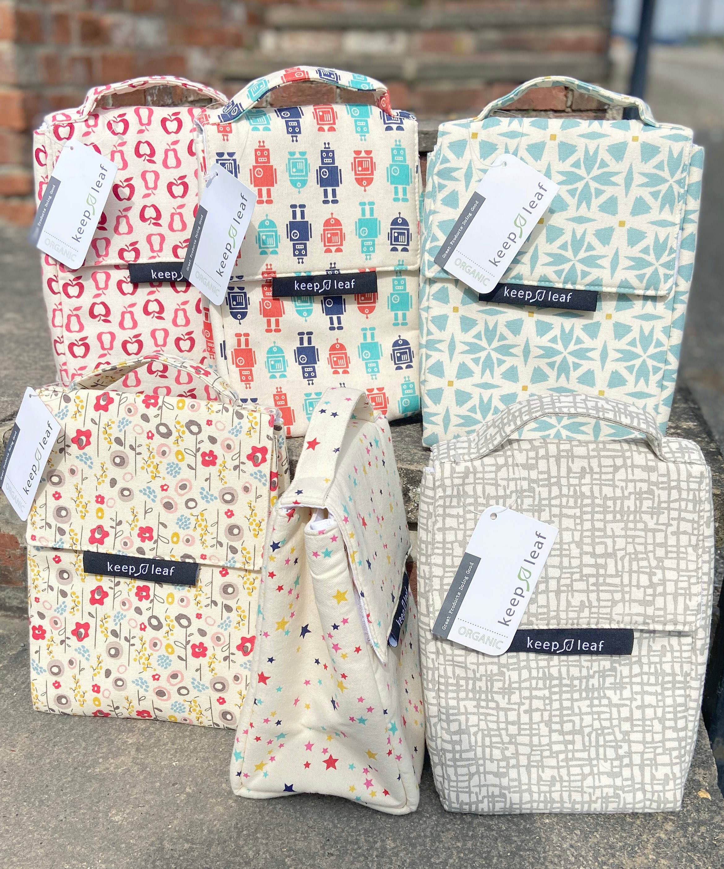 A group of Keep Leaf insulated lunchbags on a concrete step. Features a new fruit, robot, geo, bloom, stars and mesh designs