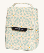 Keep Leaf insulated lunchbag in geo design. A cream colour organic cotton bag  with light blue geo shapes printed all over. Features a handle for carrying and a velcro lid.