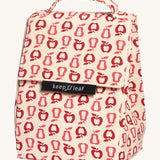 Keep Leaf insulated lunchbag in new fruit design. A cream colour organic cotton bag  with red apples and pears outlines printed all over. Features a handle for carrying and a velcro lid.