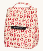 Keep Leaf insulated lunchbag in new fruit design. A cream colour organic cotton bag  with red apples and pears outlines printed all over. Features a handle for carrying and a velcro lid.