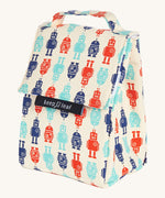 Keep Leaf insulated lunchbag in robot design. A cream colour organic cotton bag  with red and blue robots printed all over. Features a handle for carrying and a velcro lid.