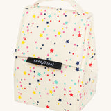 Keep Leaf insulated lunchbag in stars design. A cream colour organic cotton bag  with multicoloured stars printed all over. Features a handle for carrying and a velcro lid.