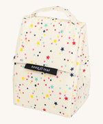 Keep Leaf insulated lunchbag in stars design. A cream colour organic cotton bag  with multicoloured stars printed all over. Features a handle for carrying and a velcro lid.
