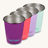Set of 4 Klean Kanteen stainless steel in a pink and purple butterfly colourway - plastic-free durable tumblers made from post consumer steel, available to buy at Babipur.