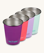 Set of 4 Klean Kanteen stainless steel in a pink and purple butterfly colourway - plastic-free durable tumblers made from post consumer steel, available to buy at Babipur.