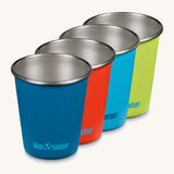Set of 4 Klean Kanteen stainless steel kid cups in blue and green 'dragon tails' colours - plastic-free durable tumblers made from post consumer steel, for sale at Babipur.