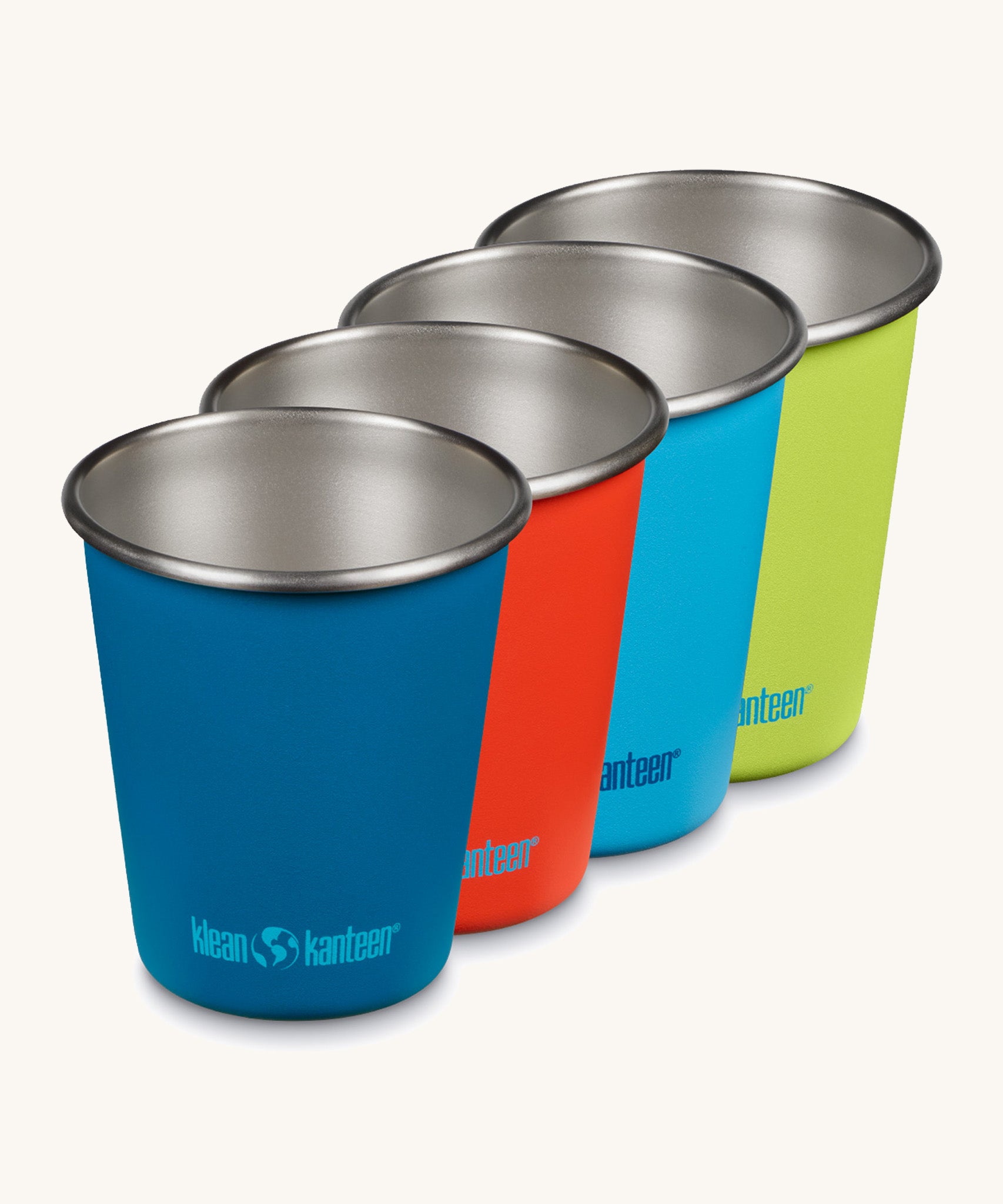 Set of 4 Klean Kanteen stainless steel kid cups in blue and green 'dragon tails' colours - plastic-free durable tumblers made from post consumer steel, for sale at Babipur.