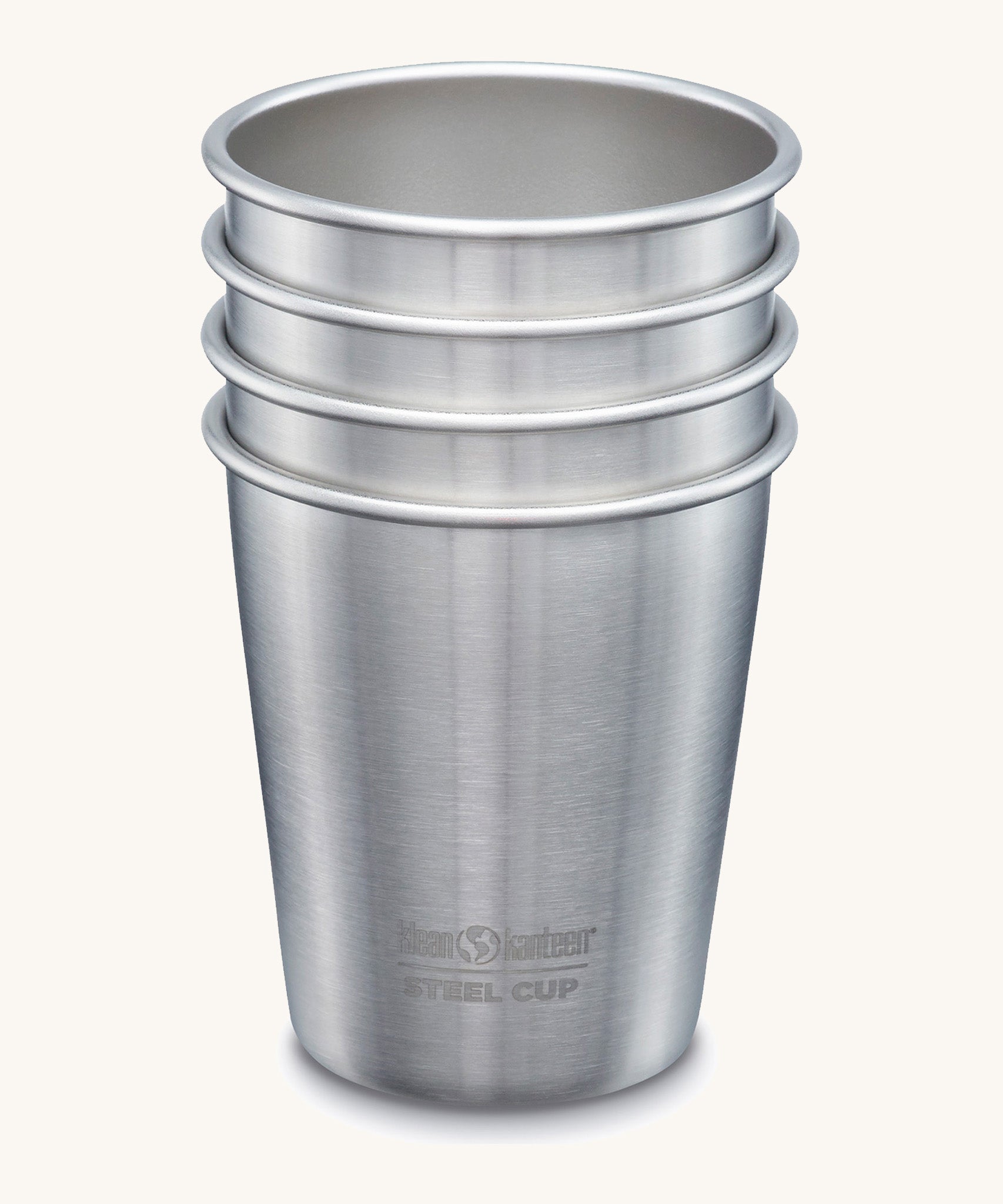 Set of 4 Klean Kanteen plain stainless steel kid cups, plastic-free durable tumblers made from post consumer steel, available to buy at Babipur.