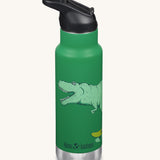 A Kid Kanteen 12oz Insulated Flip Seal Sport Cap Bottle. A green stainless steel bottle with dinosaur riding a skateboard on the bottle.