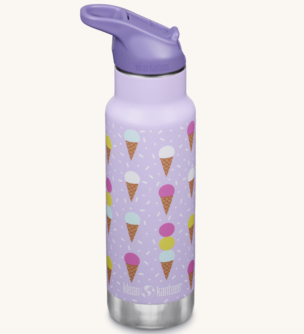 A Kid Kanteen 12oz Insulated Flip Seal Sport Cap Bottle. A lilac purple stainless steel bottle with an ice cream print.