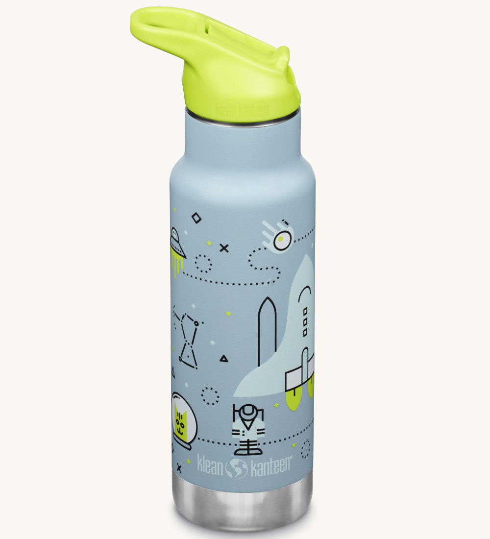 A Kid Kanteen 12oz Insulated Flip Seal Sport Cap Bottle. A light grey blue 
 stainless steel bottle with a launch plan themed print.