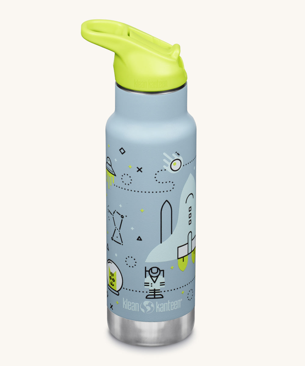 A Kid Kanteen 12oz Insulated Flip Seal Sport Cap Bottle. A light grey blue 
 stainless steel bottle with a launch plan themed print.