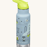 A Kid Kanteen 12oz Insulated Flip Seal Sport Cap Bottle. A light grey blue 
 stainless steel bottle with a launch plan themed print.