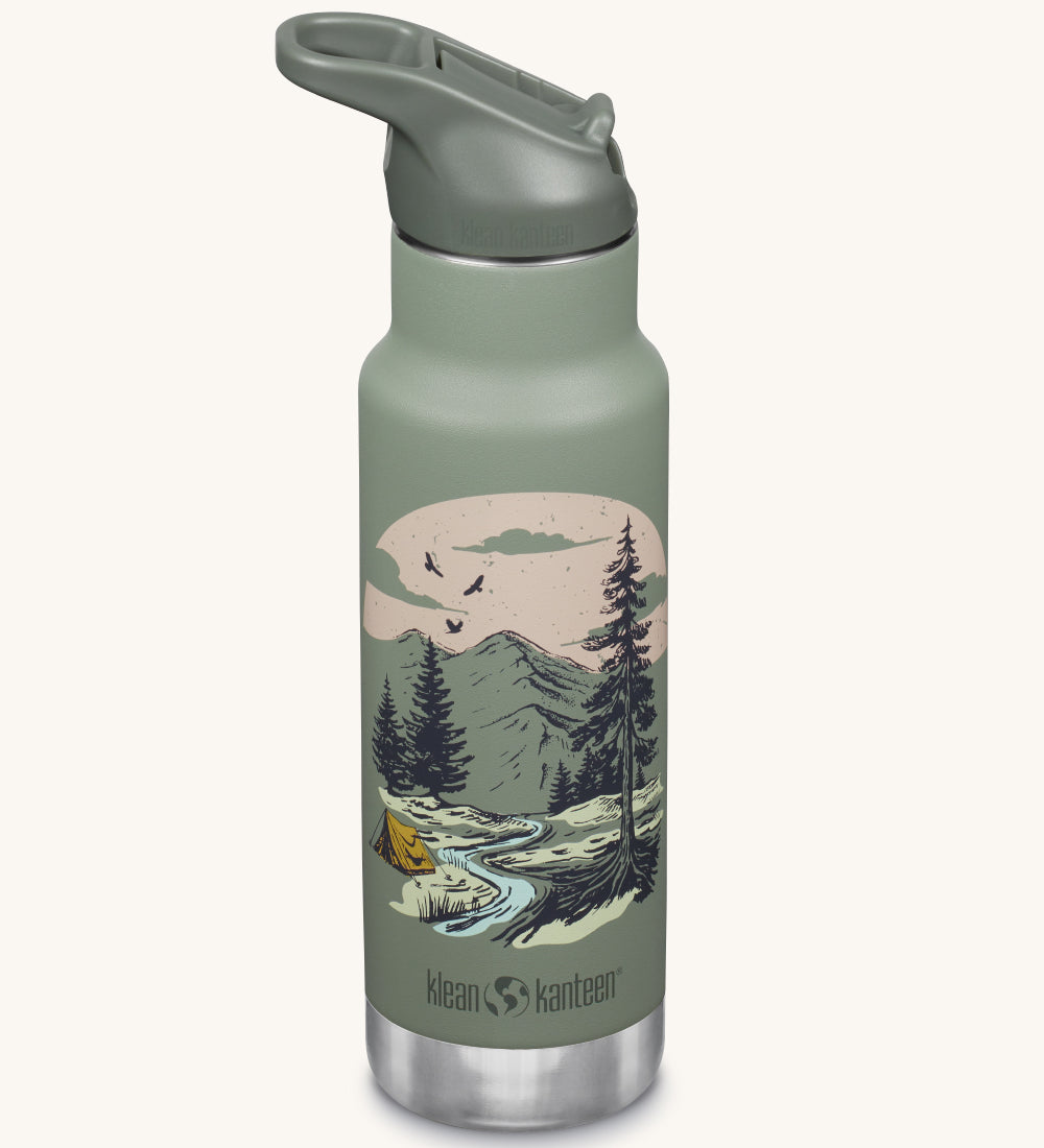 A Kid Kanteen 12oz Insulated Flip Seal Sport Cap Bottle. A green stainless steel bottle with a mountain scape print.
