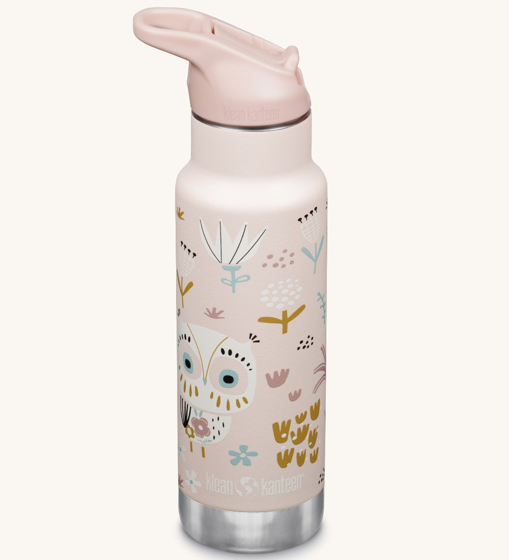 A Kid Kanteen 12oz Insulated Flip Seal Sport Cap Bottle. A light pink purple stainless steel bottle with an  Owlet print.