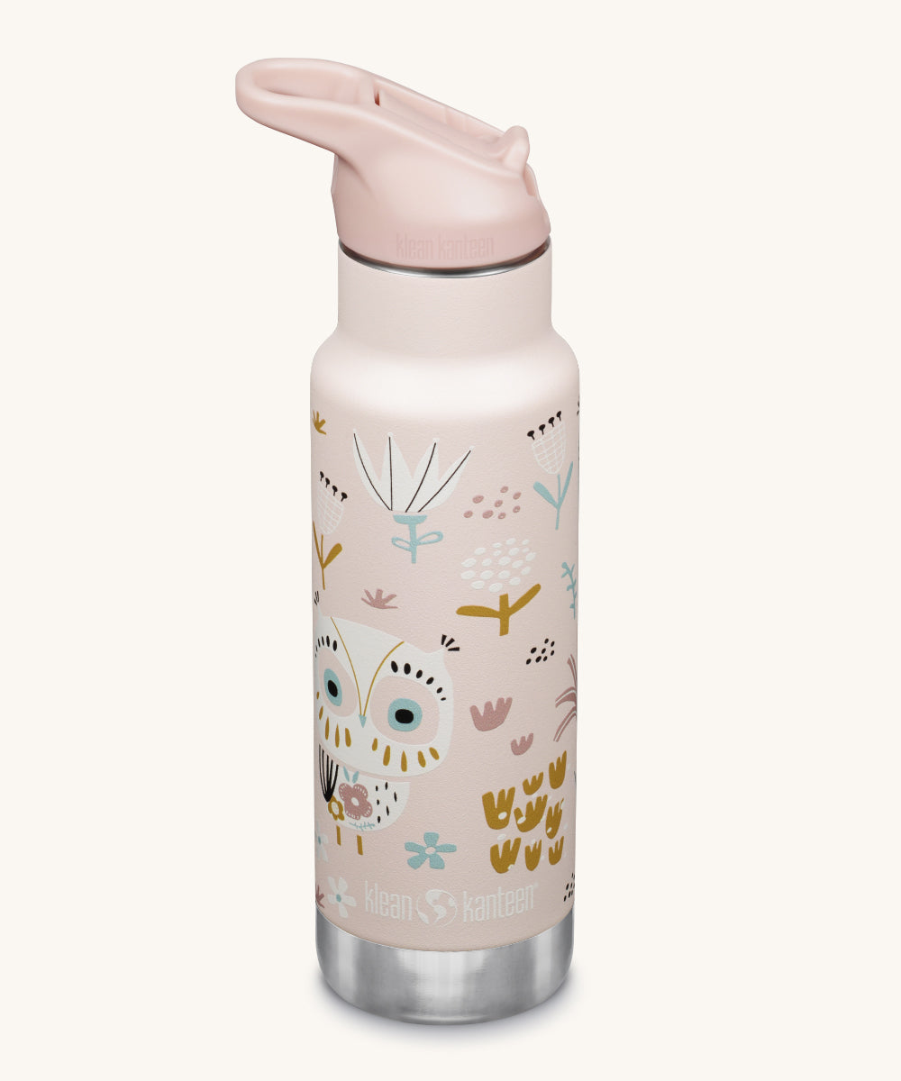 A Kid Kanteen 12oz Insulated Flip Seal Sport Cap Bottle. A light pink purple stainless steel bottle with an  Owlet print.