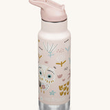 A Kid Kanteen 12oz Insulated Flip Seal Sport Cap Bottle. A light pink purple stainless steel bottle with an  Owlet print.