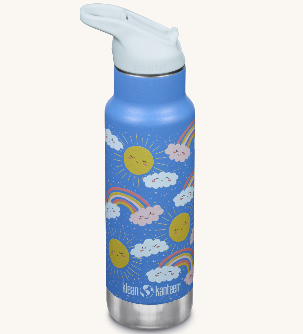 A Kid Kanteen 12oz Insulated Flip Seal Sport Cap Bottle. A blue stainless steel bottle with a rainbow print.